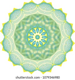 Double layer floral guilloche rosette with teal and bright yellow hues and reflective moire effect.