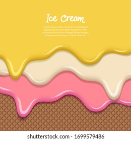 Double layer honey, vanilla and strawberry ice cream melted on chocolate waffle cone background collection