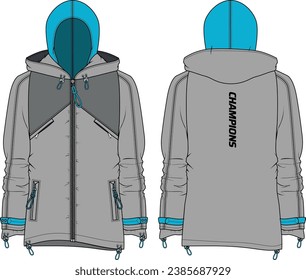 Diseño de la chaqueta Hoodie de doble capa de diseño de sketch plano Ilustración, casaca caoba de parabrisas con vista frontal y posterior, chaqueta de invierno para hombres y mujeres. para excursionismo, ultradesgaste en invierno