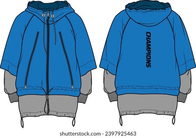 Carretera de doble capa Diseño de chaqueta Hoodie dibujo plano Ilustración, Corchete de parabrisas encapuchado con vista frontal y trasera, chaqueta de invierno para hombres y mujeres. para excursionismo, ultradesgaste en invierno