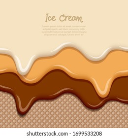 Double layer Vanilla, Chocolate and Caramel Almond ice cream melted on chocolate waffle cone background collection