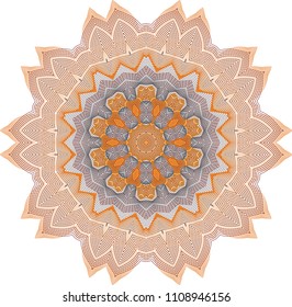 Double layered guilloche floral rosette with nested floral forms amid a two-tone color palette of charcoal gray and burnt orange hues.