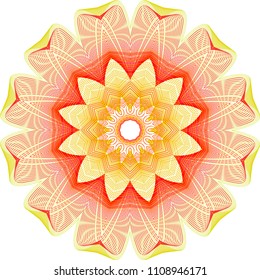 Double layered guilloche sunflower rosette with folded leaves in lime green and red with moire effect.