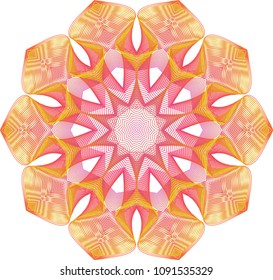 Double layered guilloche wheel rosette with fluted petals with golden yellow and salmon pink mesh waves.