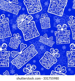 Double layered seamless pattern with christmas box and snowflakes on blue background