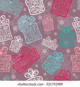 Double layered seamless pattern with christmas color box and snowflakes on lilac background