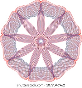 Double layered wagon wheel guilloche rosette with red and blue mesh waves and moire effect.