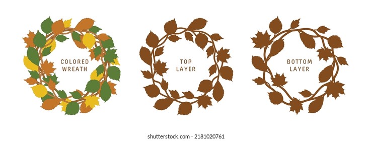 Double layered wreath with autumn leaves, branches with leaves in a circular ornament. Multicolored leaves in autumn style wreath. Ready separate layouts for printing and cutting.