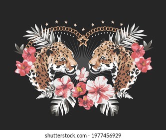 double leopards in exotic flowers and palm leafs frame vector illustration on black background