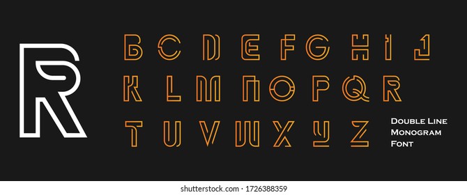 Double line monogram alphabet and technology font. Typography fonts regular uppercase and lowercase. Vector illustration.