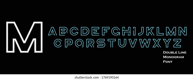 Double line monogram alphabet and technology font. Typography fonts regular uppercase and lowercase. Vector illustration.