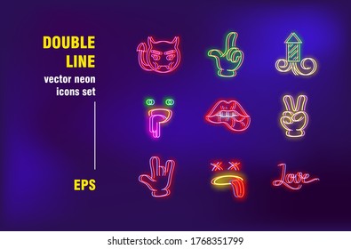 Double line set in neon style. Gesture, mouth, hand and smile. Vector illustrations for night bright advertisement. Modern design and decoration concept