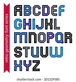 Double lines geometric font, colorful uppercase letters set for posters and web design.
