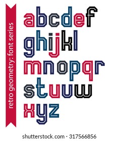 Double lines geometric font with outline, colorful lowercase letters best for use in posters and web design.