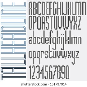 Double Lines Tall Headline light condensed retro style font, stylish and trendy letters design. Best for use in advertising and graphic print or web design. Vector.