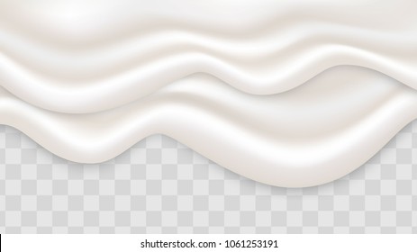 Double liquid creamy white texture flowing on wide background, vector illustration. Yogurt realistic texture layers isolated on transparent background.