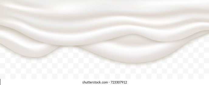 Double liquid creamy white texture flowing on wide background, vector illustration. Yogurt realistic texture layers isolated on transparent background. Liquid cream pouring, yoghurt background.