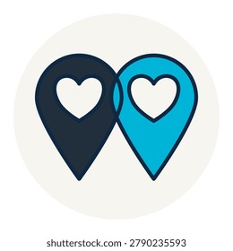 Double location map pointers with heart icons symbol of romantic meetups dating destinations matching and shared travel places.