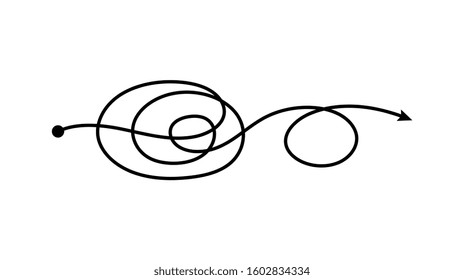 Double loop tangled arrow line going from one point in tangle scribble doodle style, freehand scribbled path going in spiral and circle - isolated vector illustration