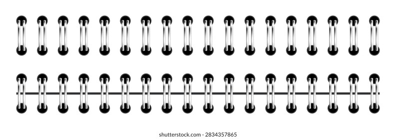 Double loop wire binding segments with round punch holes isolated. Metal twin wire notebook binding elements for planners, calendars, notebooks, journals and stationery mockups.