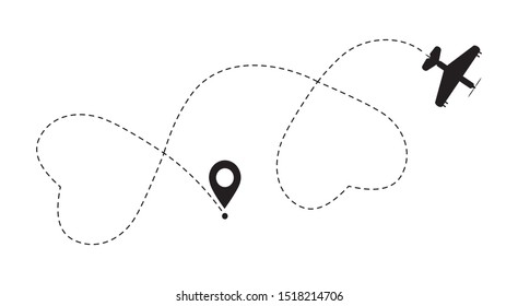 Double love airplane route. Romantic travel simbol, heart dashed line trace for event. Simple hearted airplane path, flight air dotted love valentine day drawing flat vector.