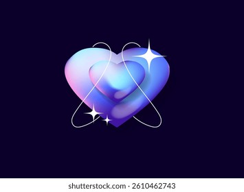 double love with fluid thin line and sparkle, modern trendy light 3d hologram, holo, futuristic decoration icon sign on dark background
