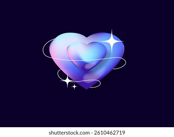 double love with thin wavy line and sparkle, modern trendy light 3d hologram, holo, futuristic decoration icon sign on dark background