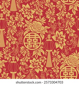 Double Luck sign, flowers and a flashlight - seamless pattern in chinese style. Red and gold template symbols. Ethnic ornament .Trendy print for design. Vector clipart