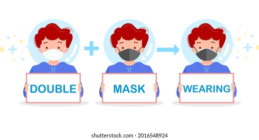 Double masking for Covid19, man wearing cloth face covering on protective face mask. Showing how to wear two masks to help reduce risk from Coronavirus and to filter more particles. Flat vector