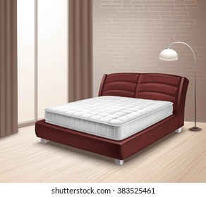 Double mattress bed in home interior with curtained window and floor lamp in realistic style isolated vector illustration 