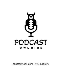 Double Meaning Logo Design Combination of Microphone podcast and owl bird