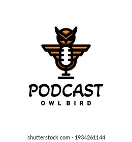 Double meaning logo which forms microphone podcast and owl bird. Abstract emblem, design concept, logo, logotype element