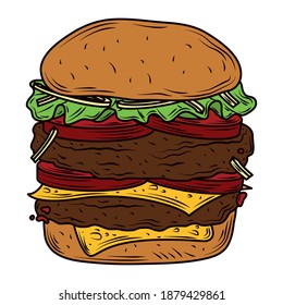 double meat burger with tomato cheese and lettuce fast food vector illustration