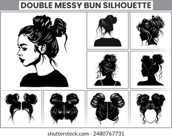 Double Messy Bun Silhouette Bundle Messy Bun Hair Illustration clipart Silhouette, For T-Shirt Design, Mug, Tote Bag, Etc.