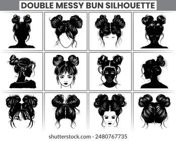 Double Messy Bun Silhouette Bundle Messy Bun Hair Illustration clipart Silhouette, For T-Shirt Design, Mug, Tote Bag, Etc.