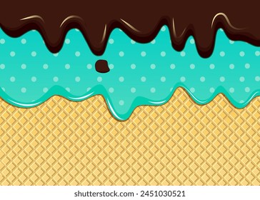 Double mint cream and chocolate cream melted waffle cone vector pattern. Ice cream waffle sweet liquid biscuit candy cartoon cream
