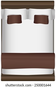 Double modern bed, extra decorative pillows. Vector illustration.