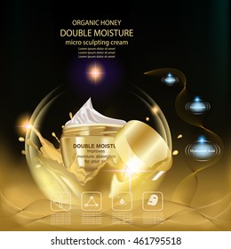 Double moisture cream, Improves moisture absorption for skin in the gold jar above gold splash water