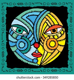 Double Moon face illustration with frame