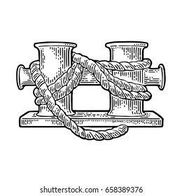 Doble bollard de amarre para barco. Ilustración vintage vectorial para tatuajes, web y etiquetas. Mano dibujada en un estilo gráfico. Aislado sobre fondo blanco.