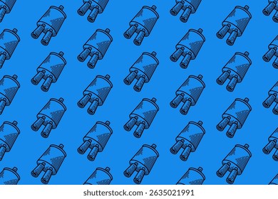 double muffler engraving line art seamless pattern on blue background. retro sportive exhaust pipe twin tip hatching pattern wallpaper for sport, automotive, garage, spare part, industry merchandise