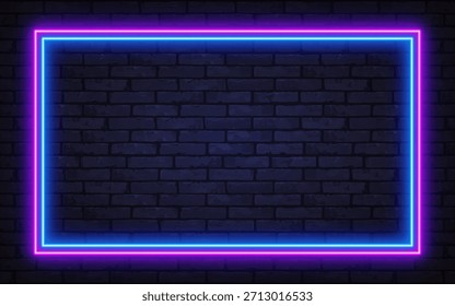 Double neon frame in pink and blue glowing on a dark brick wall. A bright retro-futuristic background ideal for ads, music visuals, or modern designs.