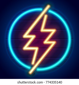 Double neon thunder. Bolt in a blue circle. Glowing logo on a signboard. Eps10 vector