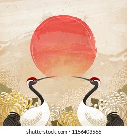 Double ninth festival design with symmetric red crowned crane and chrysanthemum background