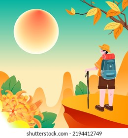 Double ninth festival, an elderly couple climbing the mountain together with mountains and chrysanthemums in the background, vector illustration