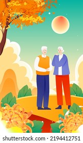 Double ninth festival, an elderly couple climbing the mountain together with mountains and chrysanthemums in the background, vector illustration