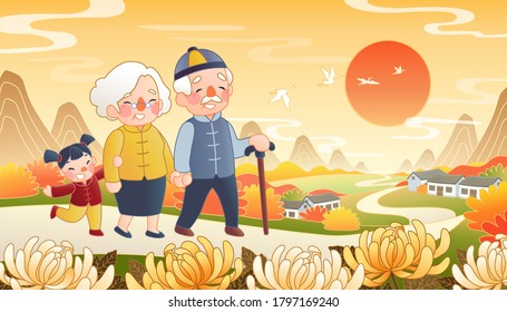 Double ninth festival illustration in hand drawn design, with cute grandparents and their grandchild walking on the Chinese country road