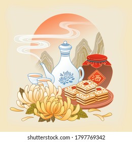 Double ninth festival illustration in hand drawn design, with traditional food and classic Chinese mountain scene