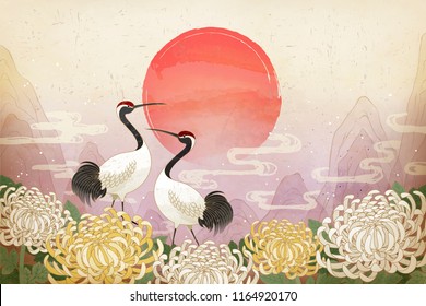 Double ninth festival with red crowned crane and chrysanthemum background