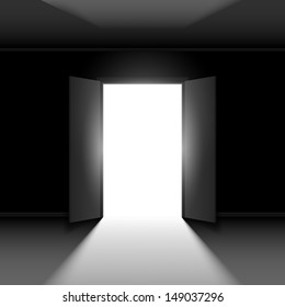 Double Open door with light. Illustration on black empty background
